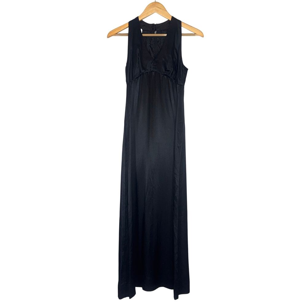 90s Minimalist Long Black Satin Halter Dress Womens Small Slip Dress Formal Prom